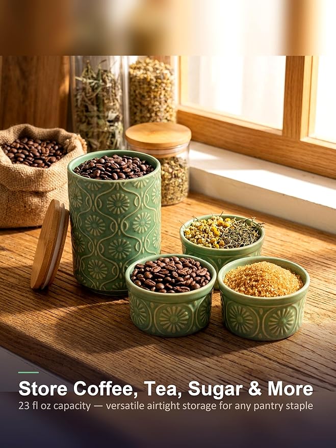 TEATALK Ceramic Canister with Airtight Lid, Perfect for Coffee, Sugar, Tea Storage, 23 Fl Oz, Green