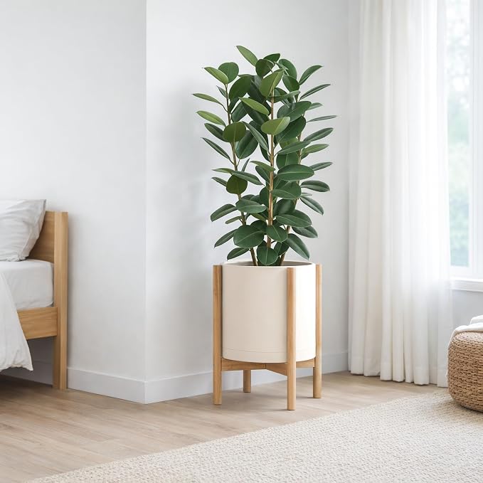 D'vine Dev Plastic Pot with Natural Wood Stand, Oatmeal, 14 in, 55-C-S-4 | Mid-Century Inspired Design, Elevated Plant Display, Clean Lines, Sturdy Support, Modern Space-Saving Style