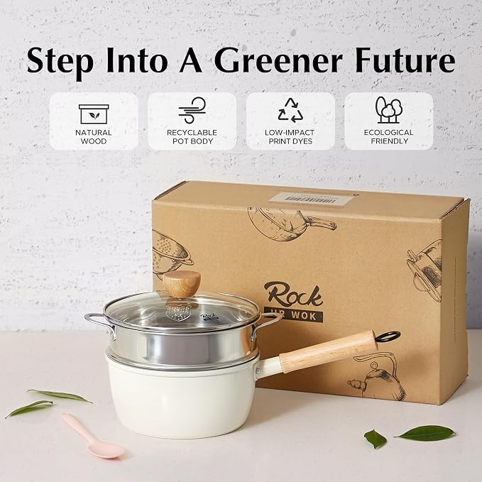 ROCKURWOK Ceramic Nonstick Sauce Pan with Lid, 2 Quart Cooking Pot, Small Saucepan with Steamer, PTFE & PFAS-Free, Wooden Handle for Cool Touch, Universal Base(Gas, Electric & Induction), White