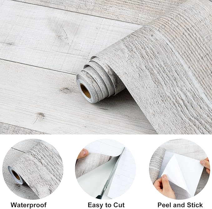 Wenmer Grey Wood Shiplap Peel and Stick Wallpaper - 17.71" x 1181" Self-Adhesive Wood Plank Wallpaper for Cabinets, Kitchen Shelves, Drawers, Doors