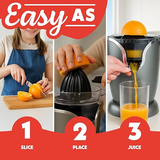 Gourmia Citrus Juicer - Automatic Juicer with 17 oz Capacity, One-Touch Operation, Universal Cone, Anti-Drip Spout, Dishwasher-Safe Accessories, Compact Quiet 60W Motor