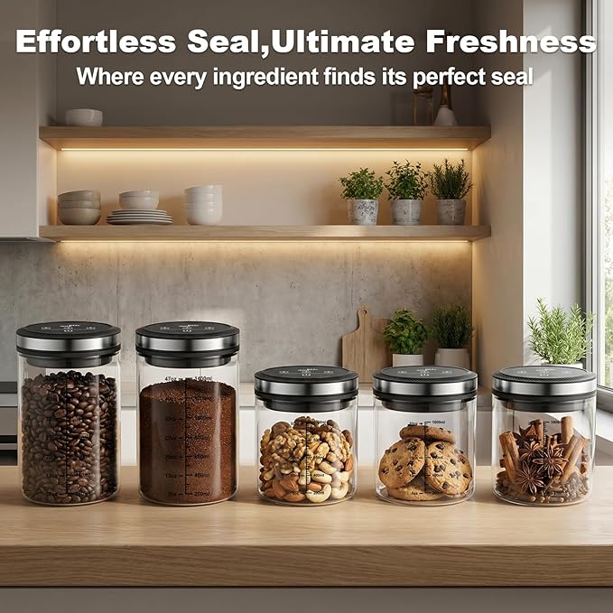 Vacuum Coffee Canister, One-touch Operation with Display, Standby Time Over 4500H, Vacuum Coffee Canister Suitable for Grain/Sugar/Tea Leaves/Flour, 1.2L Capacity with Large Feed Opening