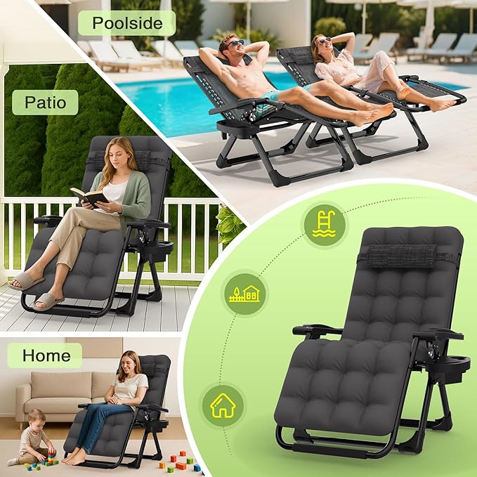 Suteck Zero Gravity Chair, Reclining Camping Lounge Chair w/Removable Cushion, Upgraded Lock and Cup Holder, Reclining Patio Chairs Folding Recliner for Indoor and Outdoor