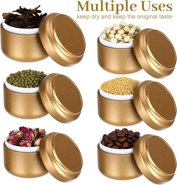 Suclain 50 Pack Small Tea Tin Canisters Bulk with Airtight Double Lids 3.4 oz Mini Leaf Tea Storage Containers Round Metal Tinplate Kitchen Teas Tin Can Box for Loose Teas Coffee Herbs Spices(Gold)