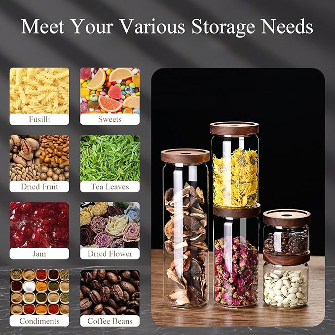 Glass Jars with Airtight Wood Lids - 25 OZ / 750 ML Kitchen Pantry Storage Containers, Decorative Canister for Chia Seed, Coffee Bean, Sugar, Spice, Cereal, Oats, Cookie, Candy, Tea, Nuts, Set of 2