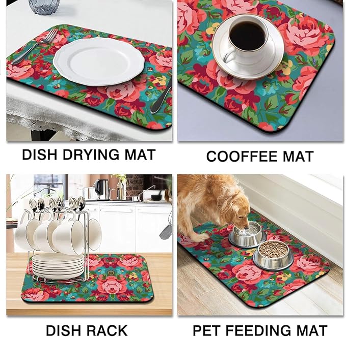 Floral Kitchen Counter Mat, 12 x 19.5 inches, Non-Slip Backing, Fast Drying, Pink Roses on Teal