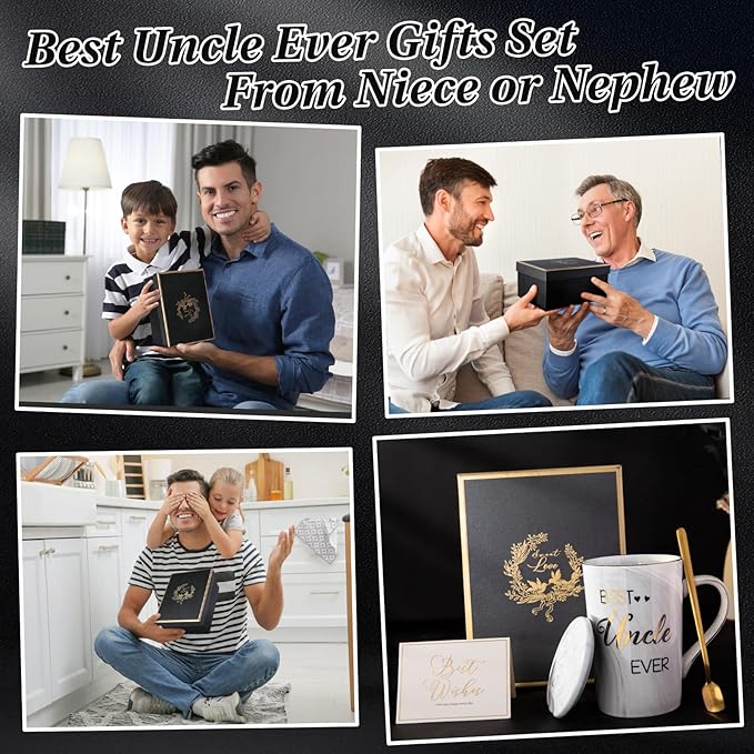 Best Uncle Birthday Gifts from Nephew Niece, Uncles Valentines Gift, Fathers Day Announcement Presents - 14oz Grey Marble Ceramic Gold Print Uncle Mug, with Lid, Spoon, Greeting Card, Nice Gift Boxed