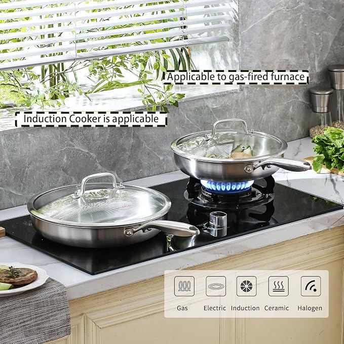 DELARLO Tri-ply Stainless Steel Frying Pan with Lid 10.3Inch | Heavy Duty, Compatible with All Cooktop, up to 600℉, Fast & Even Heating, PTFE & PFOA Free, Oven Safe Skillet