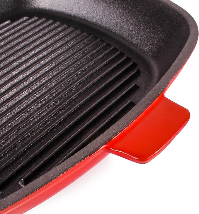 BergHOFF Neo 4Pc Enameled Cast Iron Cookware Set, Grill Pan 11 inches, Fry Pan 10 inches, 3qt. Dutch Oven, Matching Lid, Fast, Evenly Heat, Oven Safe (Red)