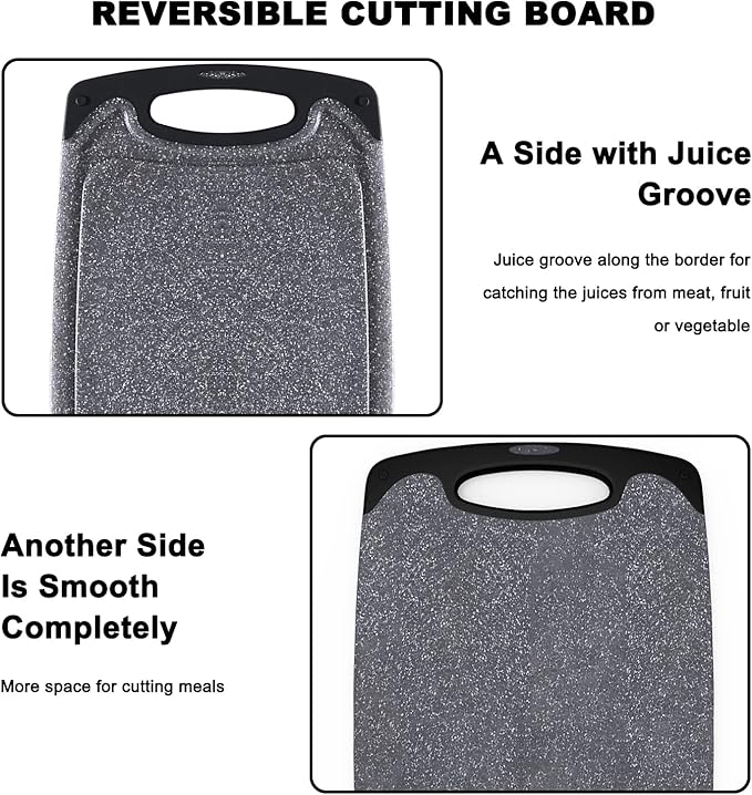 Plastic Cutting Board, 3 Pieces Dishwasher Safe Cutting Boards with Juice Grooves, Easy Grip Handle, Non-Slip, with Grinding Area for Grinding Garlic and Ginger(Dark Grey, XL)