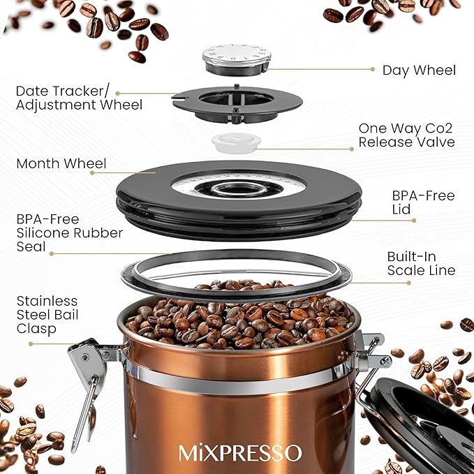 Mixpresso Copper 16 Oz Stainless Steel Coffee Canister with Scoop – Airtight Coffee Container with CO2 Valve for Bean Storage, Date Tracker Lid