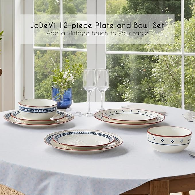 12-Piece Stoneware Dinnerware Set for 4, Geometric Vintage Plates & Bowls, Scratch-resistant Dishwasher & Microwave Safe Dishware, Modern Tableware Service for Everyday Use or Entertaining