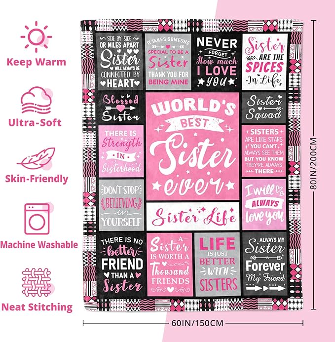Sisters Mothers Day Birthday Gifts - World's Best Sister Ever Gifts from Sister - Christmas Valentines Day Birthday Graduation Present for Sis Adult - Sisters Life Blanket 60"x80"