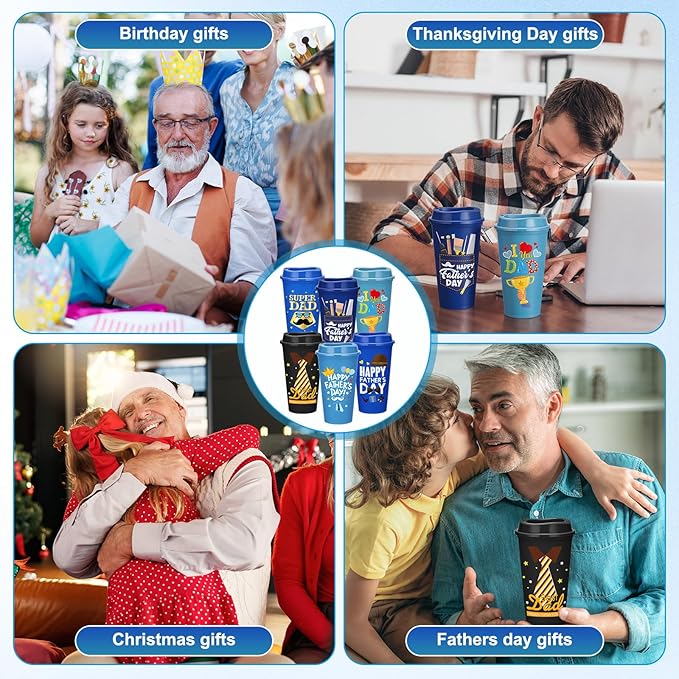 Domensi 12 Pack Fathers Day Cups Bulk 16 oz Father's Day Coffee Cups with Lids, Reuable PP Drinks Tumbler Happy Fathers Travel Mugs for Dad, Office, Camping, BBQ Party Supplies Gifts for Men