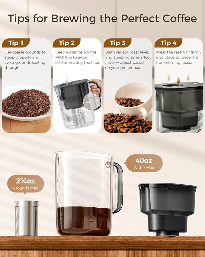 Waterdrop PT-10 Cold Brew Coffee Maker with 1 Magnesium Water Filter for Well-Balanced Acidity, Unlocks Aroma, BPA-Free Cold Brew Pitcher, Stainless Steel Filter for Iced Coffee, Tea, Lemonade, Black
