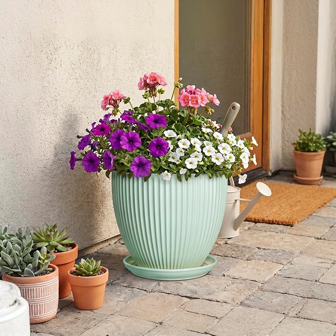 10 Inch Planter Indoor, Ceramic Pots for Plants Indoor, Decorative Plant Pots with Drainage Hole and Saucer, Large Modern Planter, Round Flower Pot, Floor Decor, Women Men Gifts, Mint Green