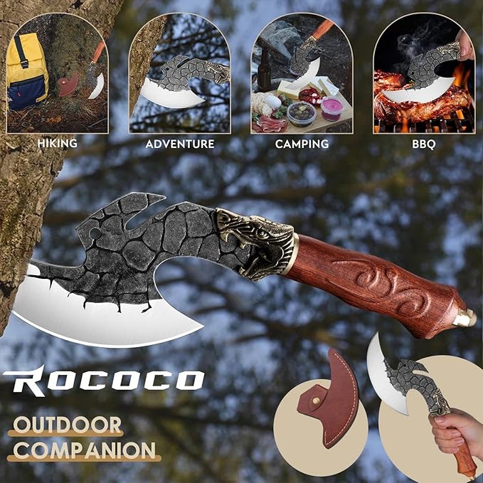 ROCOCO Viking Cleaver Knife Birthday - Butcher Meat Cutting Boning Knife Hand Forged Chinese Kitchen Axe with Sheath Home Outdoor BBQ Camping Chirstmas Mother Father Gift Men