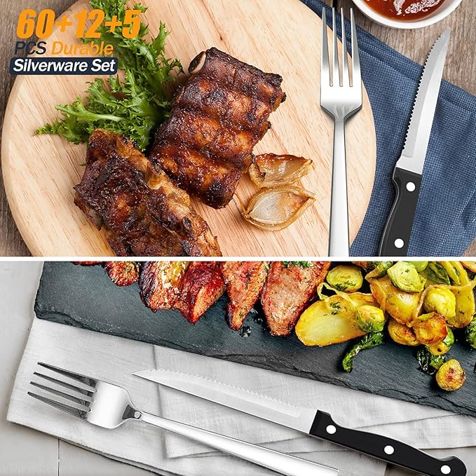 77-Piece Silverware Set with Steak Knives, Solid Stainless Steel Flatware Utensils, Modern Elegant Cutlery Tableware Set, Attach Serving Set, Mirror Polished, Dishwasher Safe-Service for 12
