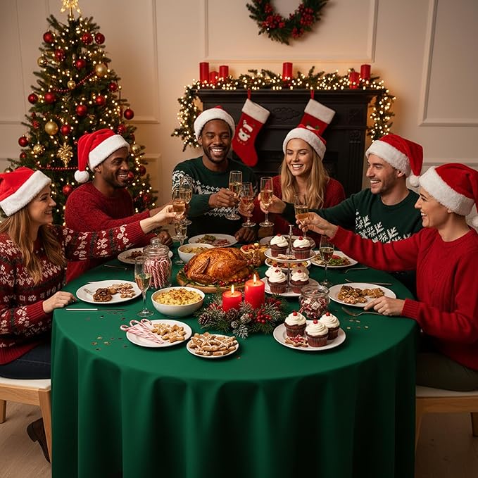 6-Pack Hunter Green Round Tablecloths, 132 Inches, Stain-Resistant Polyester for 6-8 Ft Round Tables - Washable Table Covers for Weddings, Banquets, Birthday Parties, Events