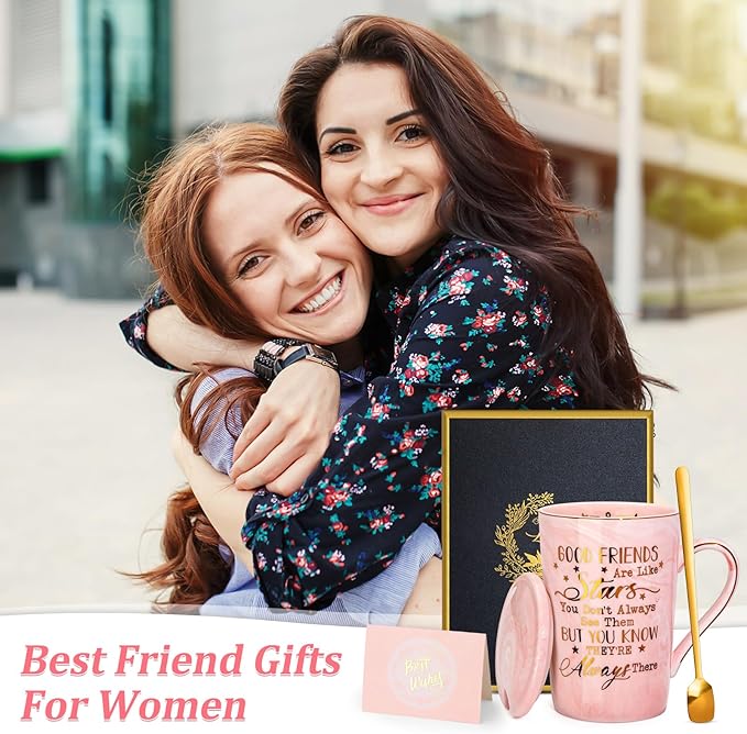 Best Friend Birthday Gifts for Women, Valentines Friendship Gifts for Women - Good Friends are Like Stars - Funny 14Oz Pink Ceramic Gold Print Mug, Presents for BFF, Sisters, Besties, Nice Gift Boxed