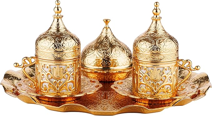 DEMMEX Turkish Greek Arabic Coffee Making and Serving Full Set with Cups Saucers Lids Sugar Bowl Tray and Copper Coffee Pot, Hand Decorated with Gold Crystals, 12 Pcs (Gold)