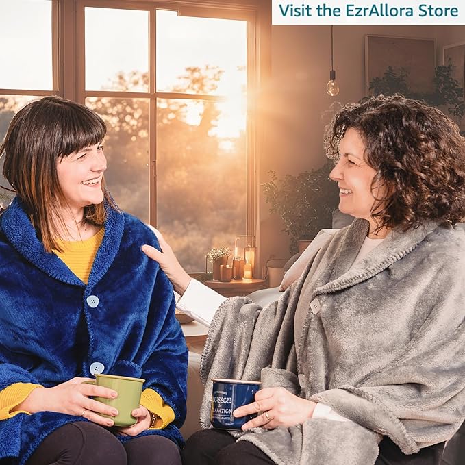 EzrAllora Premium Double Layer Wearable Blanket for Women -Drape and Go No Sleeves- Easy On Easy Off - Black Shawl with Pockets- Wrap Blanket - (Velvet Black)