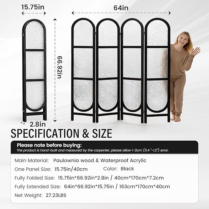 Acrylic Room Divider 4 Panel 67" Tall Arched Room Divider and Privacy Screen with Solid Paulownia Wood Frame, Freestanding Partition Divider for Room Separation, Home, Bedroom - Black