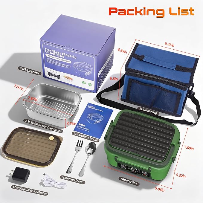 Cordless Electric Heated Lunch Box, XL 6.3Cups Rechargeable Food Warmer Lunch Box with Self Heating, Smart Timer, Adjustable Temperature, Leakproof, BPA Free, Removable Divider Green