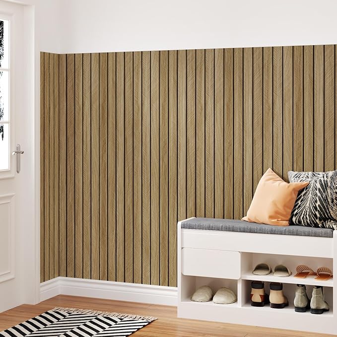 Brown Wood Panels for Wall 3D Wood Slat Wall Panel Acoustic Faux Wooden Slat Wallpaper Self Adhesive Herringbone Shiplap Peel and Stick Wallpaper for Bedroom Living Room Entrance Hall Decor