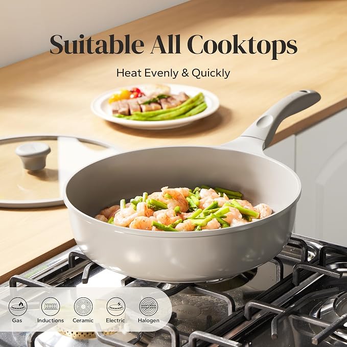 Redchef Ceramic Frying Pan with Glass Lid, Nonstick Deep Saute Pan for All Stovetops, Healthy Cooking Pan, Ergonomic Handle, Fast Even Heating, Splatter Prevention, Oven Safe