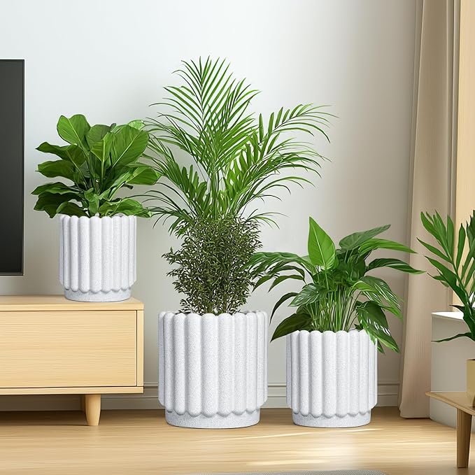 Ceramicfor Ceramic Flower Pot, 12 Inch, White | Fluted Design, Drainage Hole, Indoor Outdoor, Modern Round, Plant Lover Gift