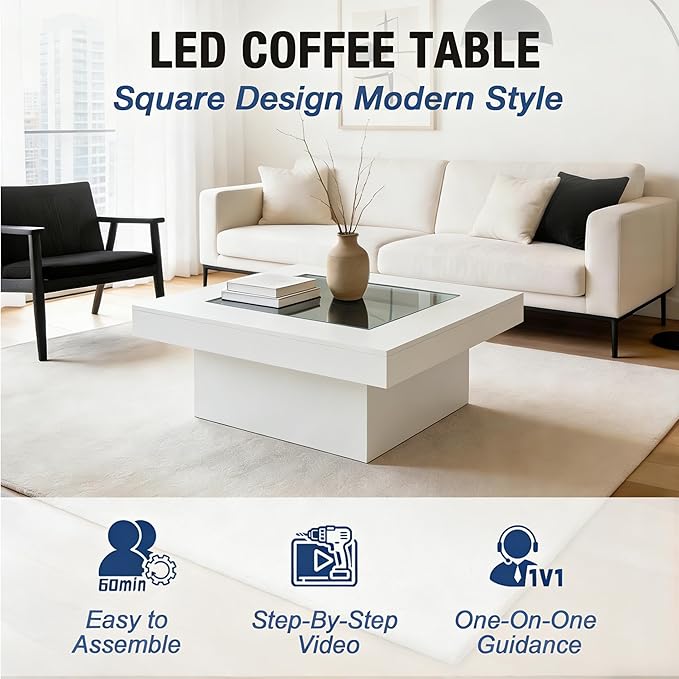 FKWin Modern Coffee Table for Living Room - 31" Endless Depth Mirror Center Table with LED Lights, Unique Square Coffee Table with Tempered Glass-Top, White