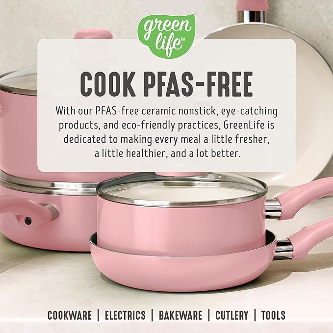 GreenLife 16-Piece Nonstick Cookware Set, Non-Toxic Ceramic Pots and Pans Set, Durable Healthy Kitchen Essentials, Fast Heating, Induction Ready, Easy Clean Dishwasher Safe, PFAS-Free, Blush Pink