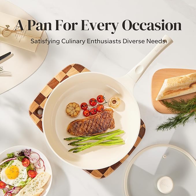 Redchef Nonstick Deep Frying Pan with Lid, Ceramic Saute Pan Skillet, PFOA PFOS Free, Induction Compatible, Stay-Cool Helper Handle, Tempered Glass Cover, Dishwasher Safe, Beige