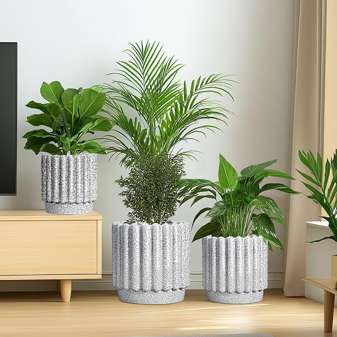 Ceramicfor Ceramic Planter, 7.6 Inch, Black and White | Drainage Hole, Round Flower Pot, Fluted Design, Indoor/Outdoor Use