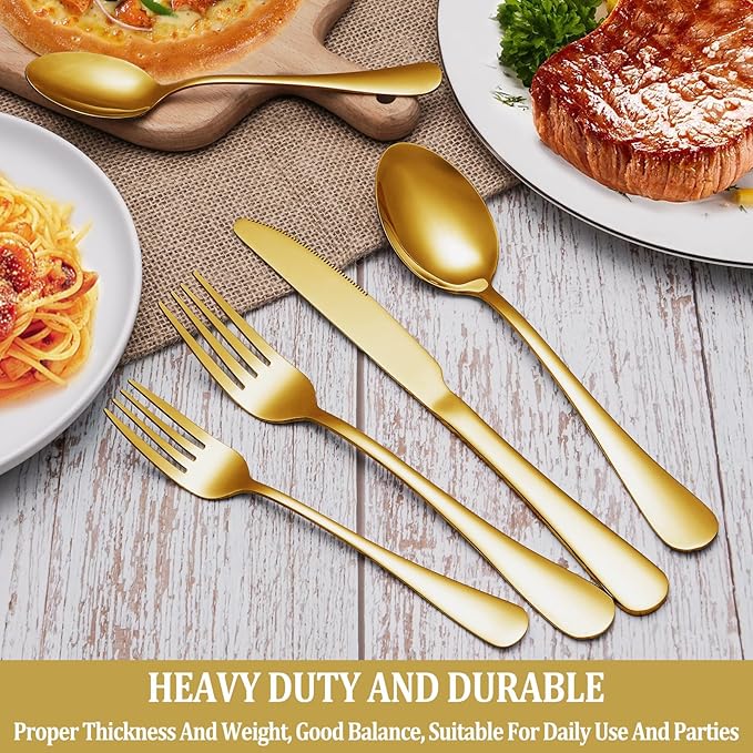 30 Pcs Gold Silverware Set Service for 6, Premium Stainless Steel Flatware Set, Cutlery Utensil Set, Durable Home Kitchen Eating Tableware Set, Include Fork Knife Spoon Set, Dishwasher Safe