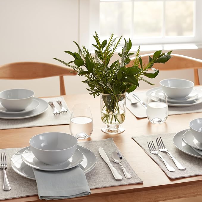 Amazon Basics 18-Piece Complete Kitchen Dinnerware Set, Microwave and Dishwasher Safe, Plates, Dishes, Bowls for Everyday Use, Service for 6, White Porcelain Coupe
