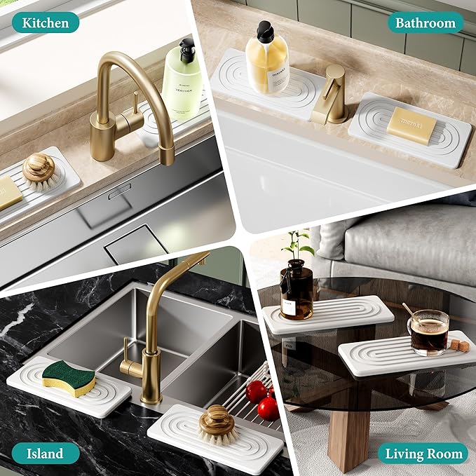 Water Absorbing Stone Tray, Quick Drying Diatomite Bathroom Tray Countertop, Stone Drying Mat for Kitchen Counter, Soap Dish Dispenser Vanity Organizer, White-A-12.2" x 4"
