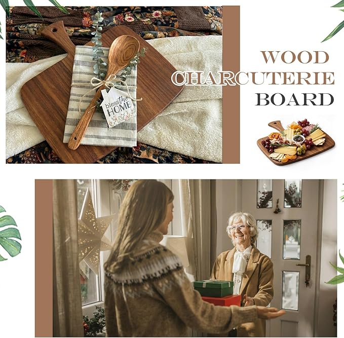 Nuenen Wood Cutting Board with Handle 12x11x0.47 Inch Acacia Bamboo Wooden Serving Kitchen Chopping Boards for Pizza, Bread, Cheese, Charcuterie, Fruit, Vegetables(1 Pcs, Acacia)