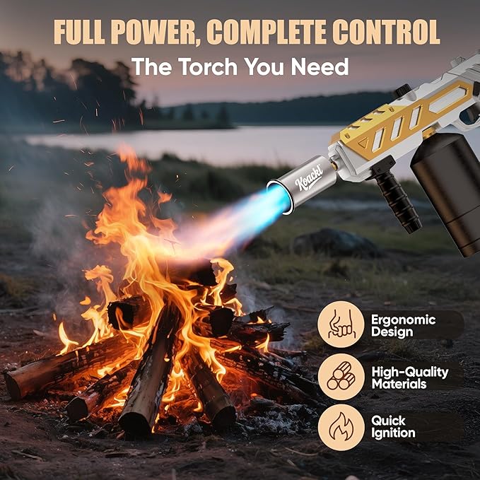 Koackl Powerful Propane Torch, Blow Torch with Adjustable Flame, Flamethrower Kitchen Torch Burner Gas Welding Kits for Grill, BBQ, Searing Steak, Camping & Charcoal Torch Lighter Golden