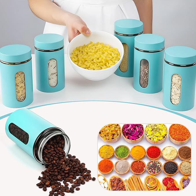 Patelai 6 Pack Kitchen Canisters Set Airtight Stainless Steel Canister Food Storage Container with Window Glass, Coffee Sugar Candy Jars Tea Organizer for Flour Cookies Spice (Turquoise,32 oz)