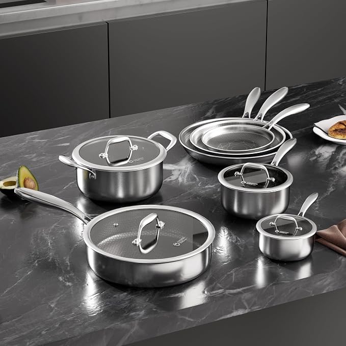 COOKER KING 11 Pcs Pots and Pans Set,Hybrid Stainless Steel Cookware Set | Non Stick, Non Toxic, PFOA Free, Oven Safe, Dishwasher Safe, Induction Compatible
