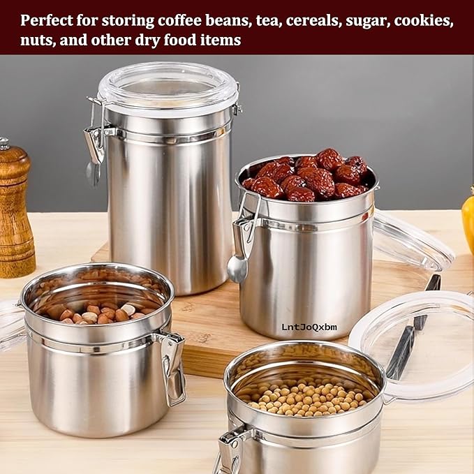 Stainless Steel Vacuum Seal Coffee Canister With Clear Lid, Airtight Food Storage Container With Locking Clamp for Coffee Beans, Tea, Cereal, Nuts (Stainless Steel With Clear Lid, 67.6 fl oz / 2000ml)