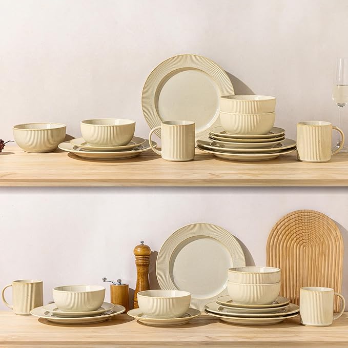 TheTerra Stoneware Dinnerware Sets for 6, 18 Pieces Ceramic Plates and Bowls Sets, Scratch Resistant Embossed Dish Set, Oven, Microwave & Dishwasher Safe, Oatmeal