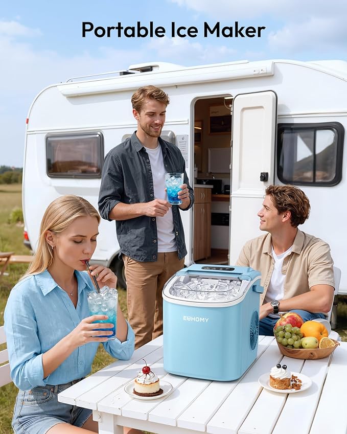 EUHOMY Countertop Ice Maker Machine with Handle, 26lbs Per Day, 9 Ice Cubes Ready in 6 Mins, Auto-Cleaning Portable Ice Maker with Basket and Scoop, for Home/Kitchen/Camping/RV (Blue)