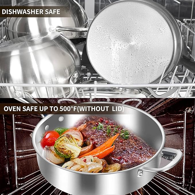 LOLYKITCH 10 Inch Tri-Ply Stainless Steel Sauté Pan with Lid,3 QT Deep Frying Pan,Small Skillet,Jumbo Cooker,Induction Cooking Pan,Dishwasher and Oven Safe,Detachable Handle