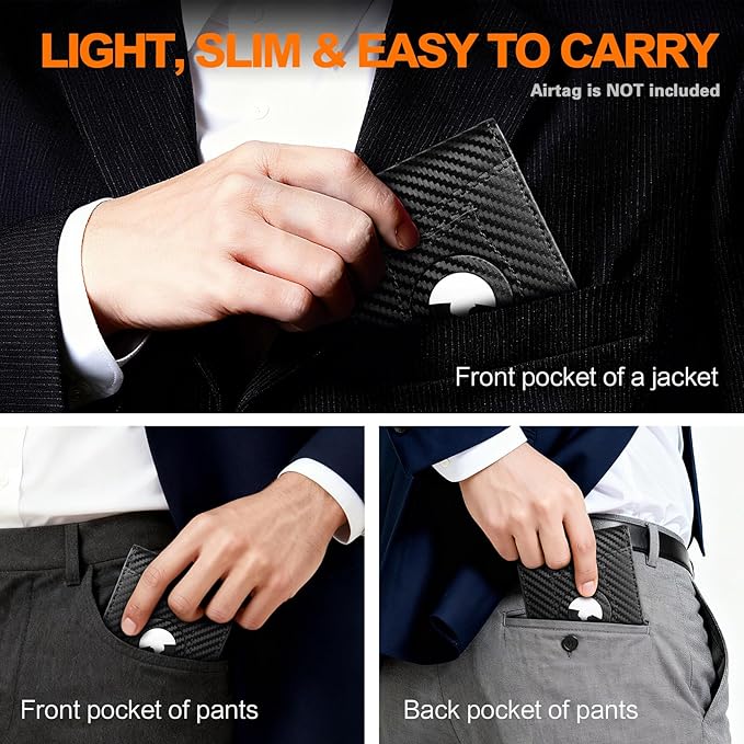 Wallet for Men Slim RFID Blocking Bifold Carbon Fiber,Minimalist Small Compact Front Pocket Credit Card Holder,Thin Mens Leather Wallets Smart Security With 2 ID windows 1 Cash (Black & Orange)