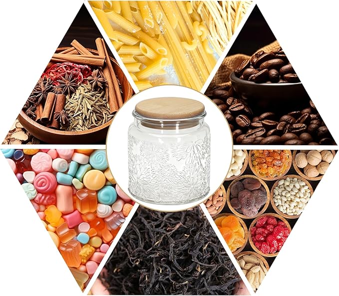 1Pc Snowflakes Style Vintage Glass Candy Jar with Airtight Bamboo Lid, Kitchen Storage Canister for Sugar, Coffee, Tea, Cookies, Bath Salt - Decorative Mason Jar for Pantry & Counter (1, Clear, 17oz)