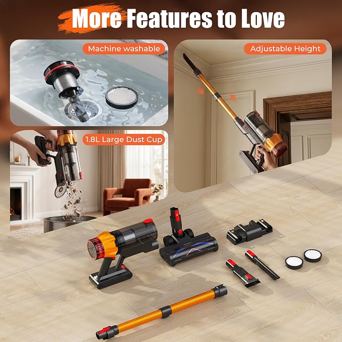 Cordless Vacuum Cleaner for Home, 55Kpa Suction, Up to 70-Min Runtime, Gold | 600W Bushless Motor, Self-Standing, Touch Screen, 1.8L Dust Cup, Anti-tangle Vacuum Cleaners for Pet Hair, Carpet, Hard Floor