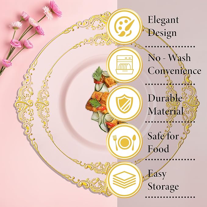 Nervure 350PCS Pink Plastic Plates - Pink Plastic Dinnerware Sets for 50 Guests - 100 Disposable Plates, 150 Gold Silverware, 50 Cups, 50 Napkins Perfect for Wedding & Party & Mothers Day